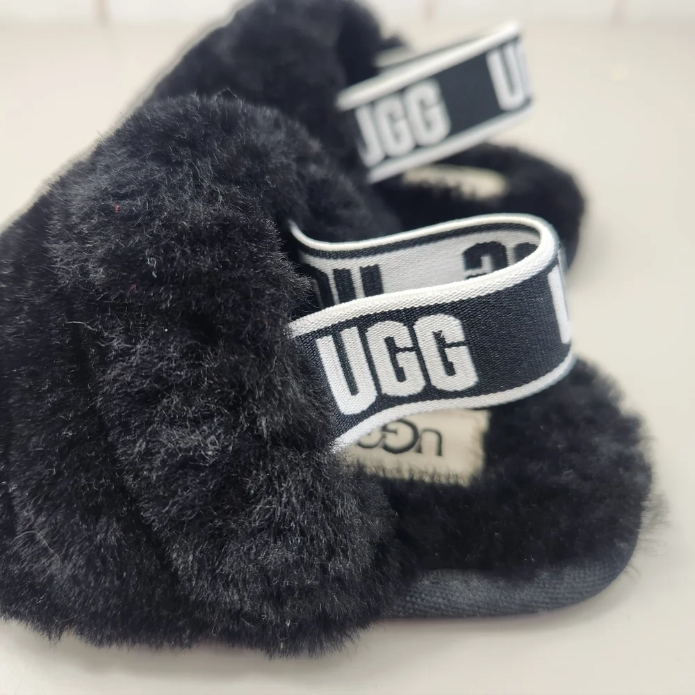 UGG Toddler Oh Yeah Fluffy Shearling Sheepskin Slingback Slipper Black 6